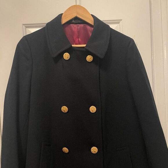 VTG 100% Wool Overcoat Navy Blue Womens Size 12 Double Breasted Quiet Luxury - Picture 4 of 8